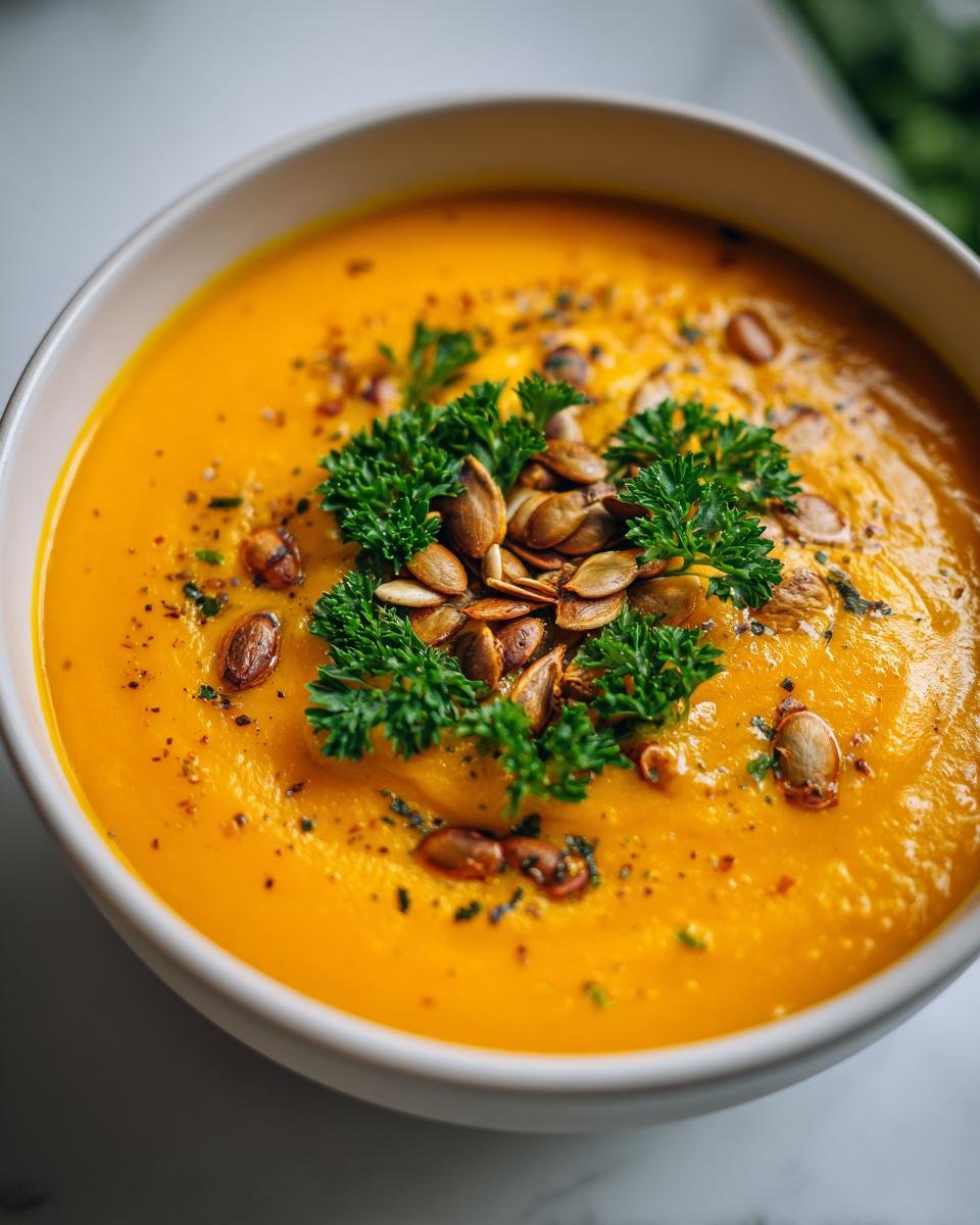 Close-up of Die Beste Kürbissuppe, a creamy vegan pumpkin soup, garnished with parsley and pumpkin seeds.