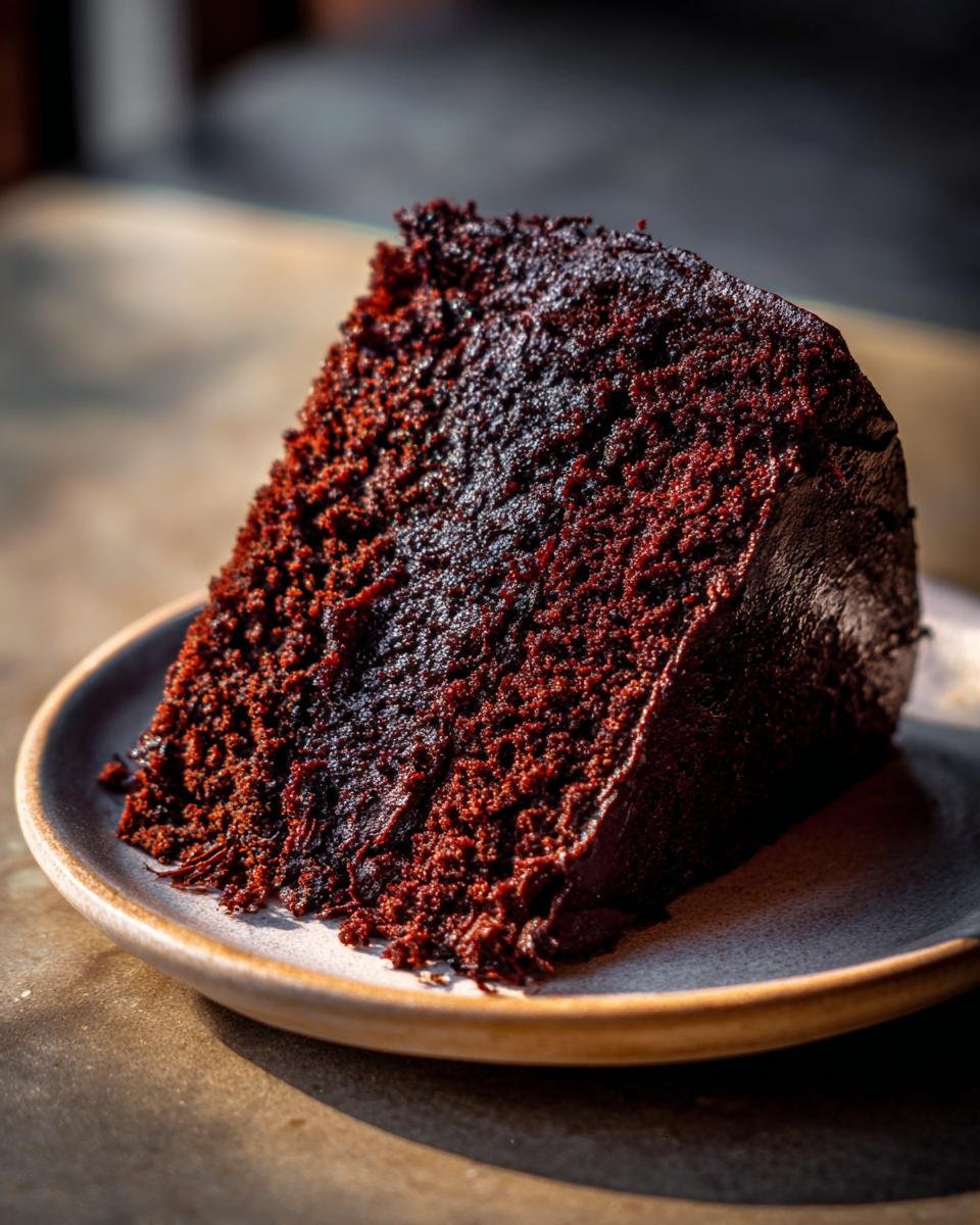 A slice of rich chocolate cake, showcasing the Bestes Schokokuchen Rezept, on a plate.