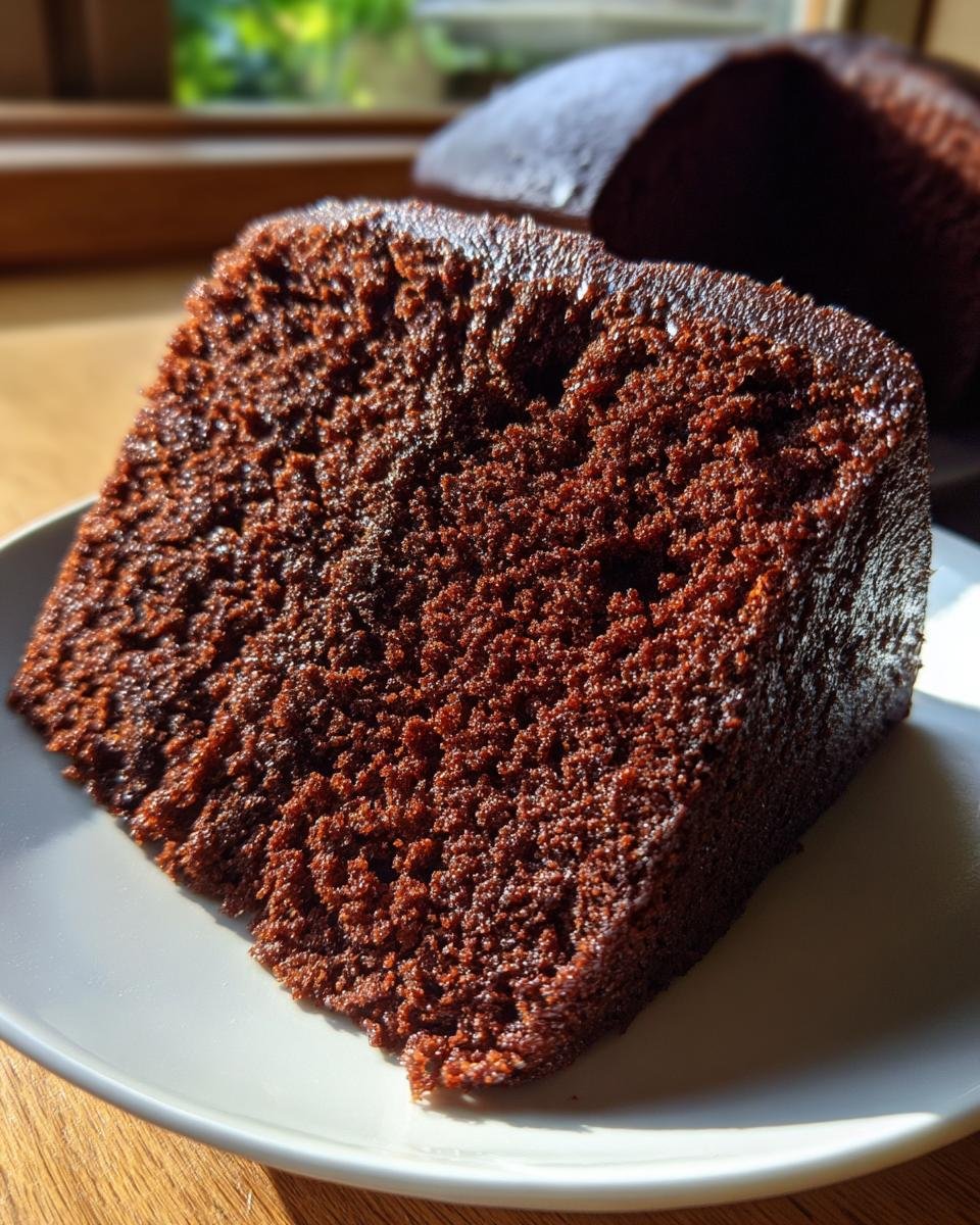 A slice of Bestes Schokokuchen Rezept (best chocolate cake recipe) on a white plate, showcasing its rich, moist texture.