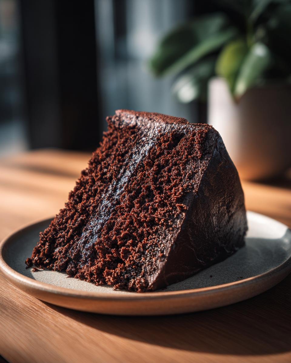 A slice of rich chocolate cake, showcasing the Bestes Schokokuchen Rezept, on a plate with a blurred background.
