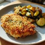 Blech knuspriges Parmesan-Knoblauch-Hähnchen serviert mit Zucchini und Kartoffeln auf einem Teller.