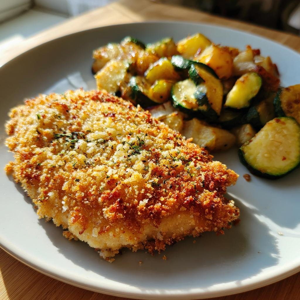 Blech knuspriges Parmesan-Knoblauch-Hähnchen serviert mit Zucchini und Kartoffeln auf einem Teller.