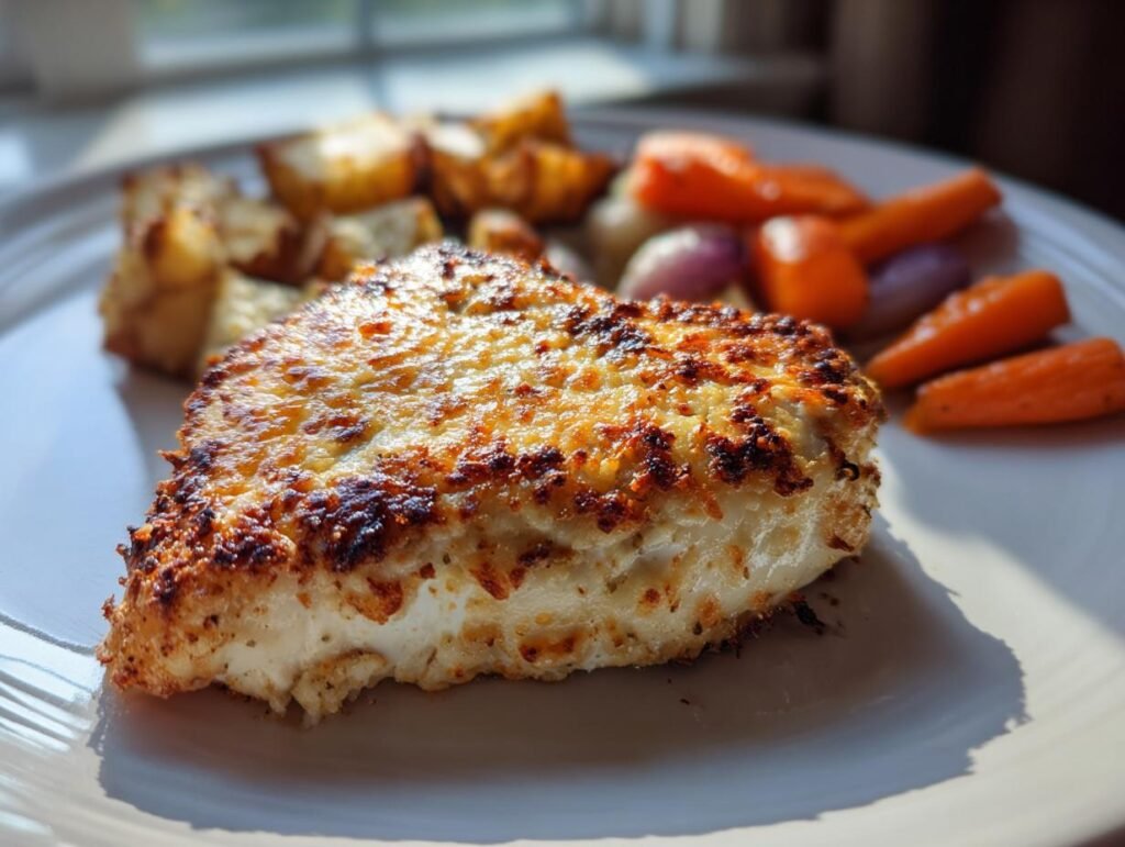 Close-up of Blech knuspriges Parmesan-Knoblauch-Hähnchen served with roasted potatoes and carrots.