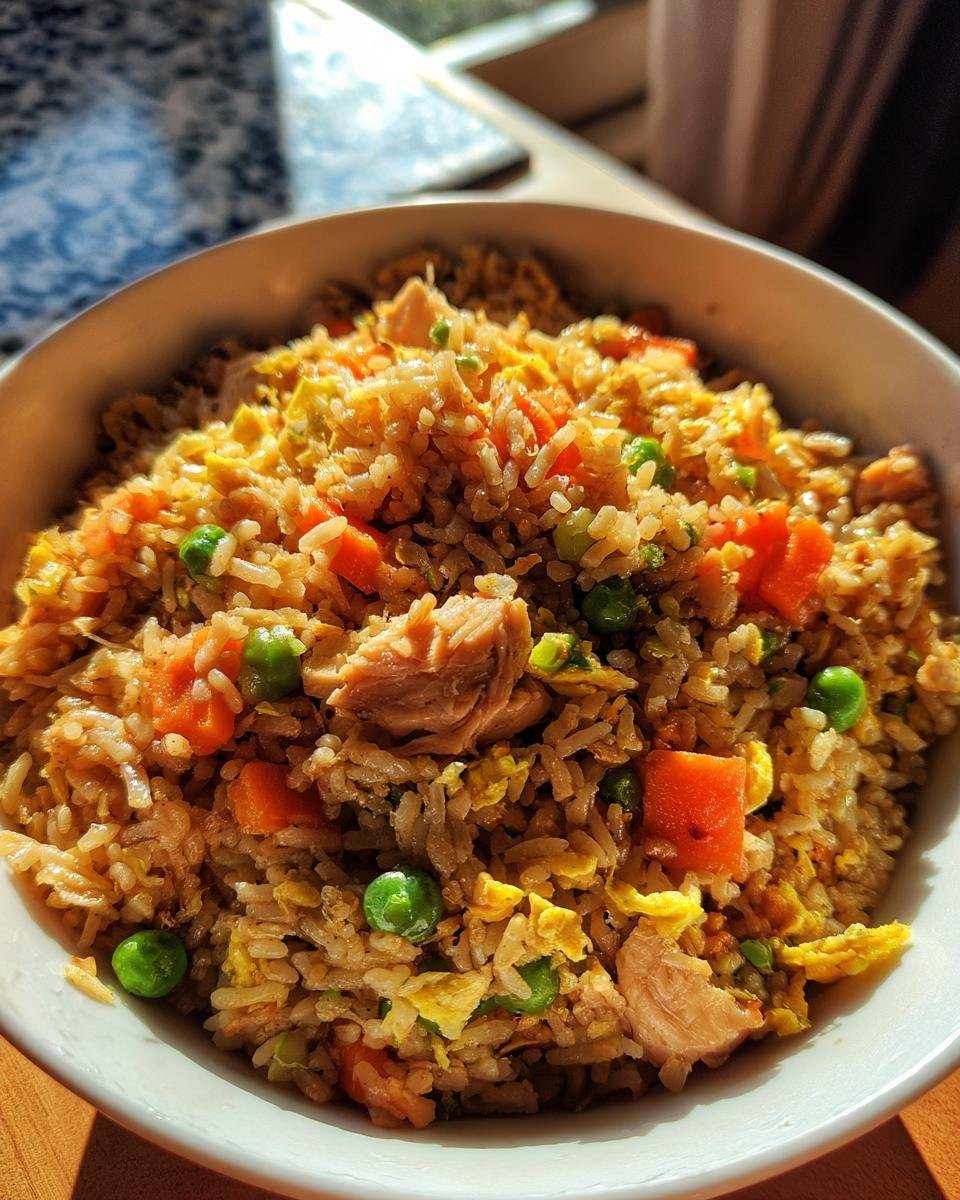 A bowl of Blitz-Bratreis Asiatisch, featuring rice, carrots, peas, and egg.