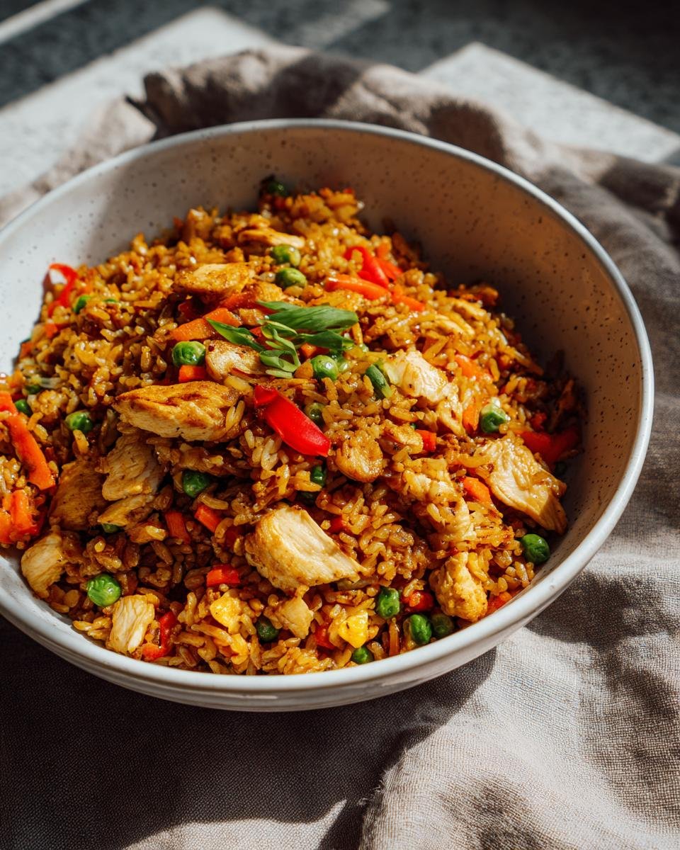 Schüssel mit Blitz-Bratreis Asiatisch, garniert mit Hähnchen, Gemüse und Kräutern.