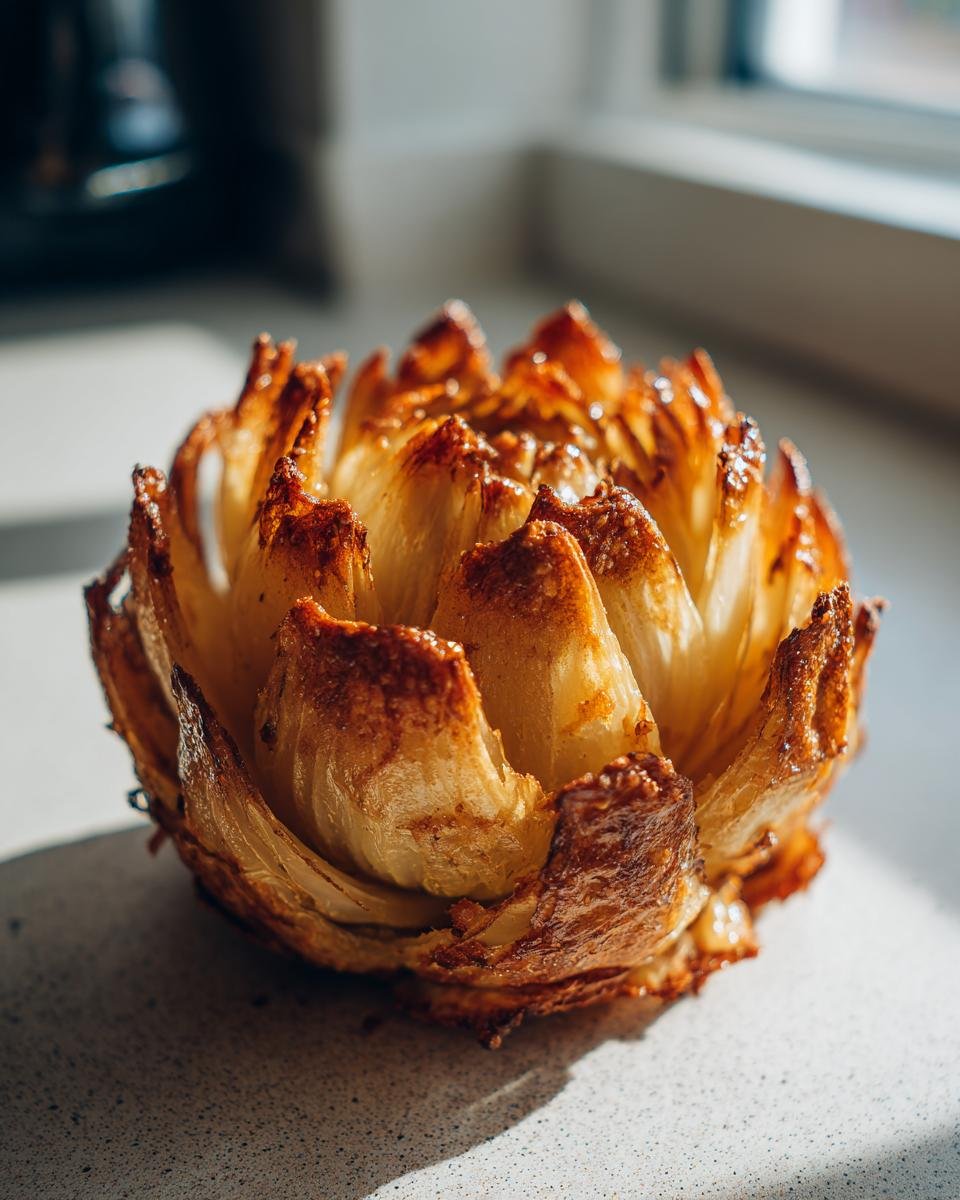 Nahaufnahme einer Blühende Zwiebel aus der Heißluftfritteuse, goldbraun und knusprig.