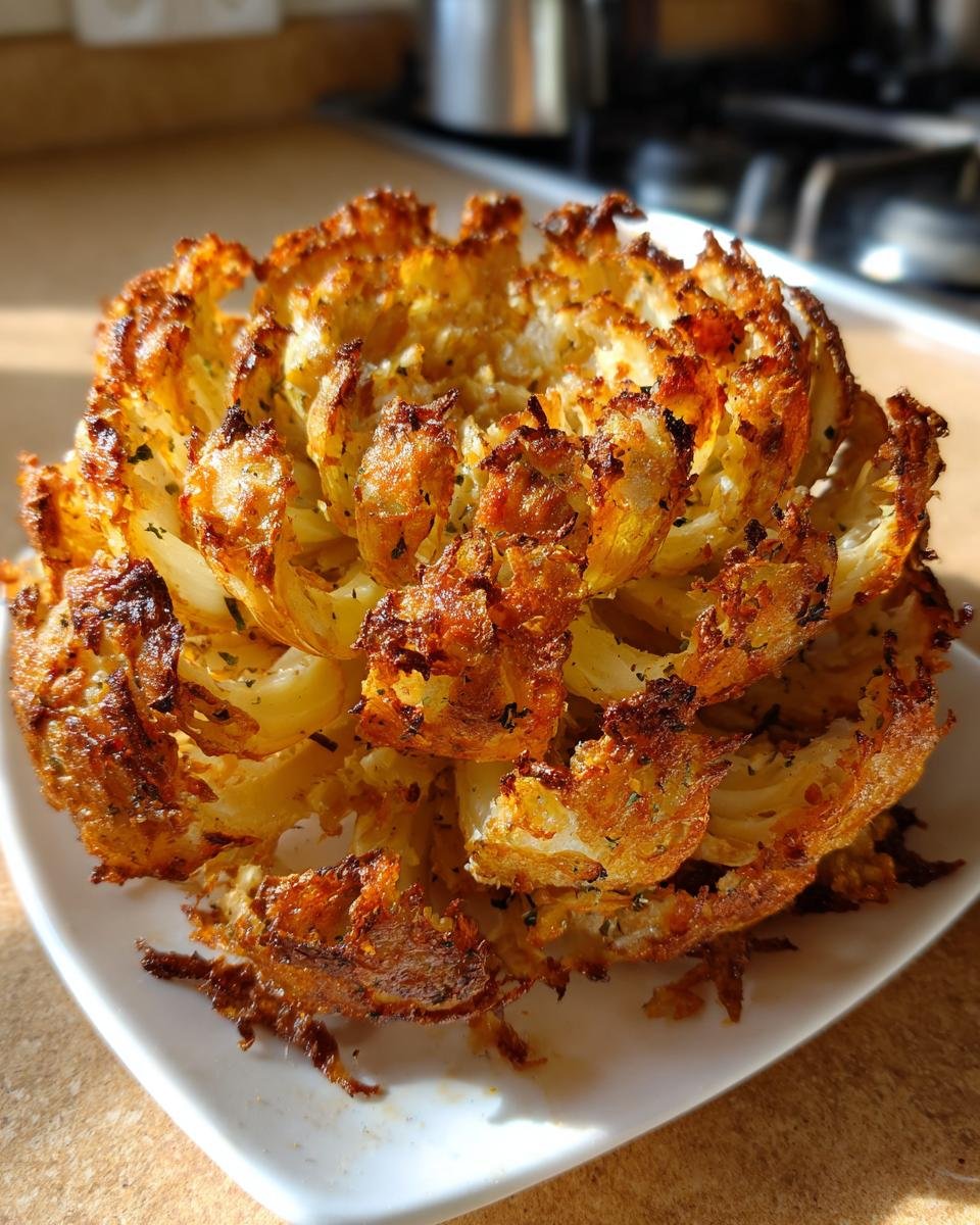 Nahaufnahme einer goldbraunen Blühende Zwiebel aus der Heißluftfritteuse auf einem weißen Teller.