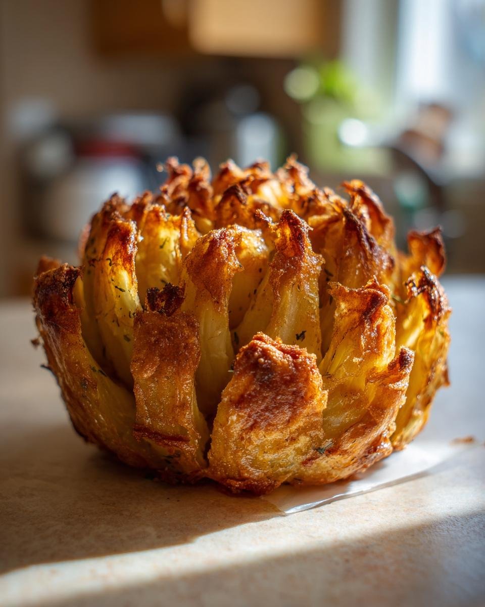 Nahaufnahme einer goldbraunen, blühenden Zwiebel aus der Heißluftfritteuse.
