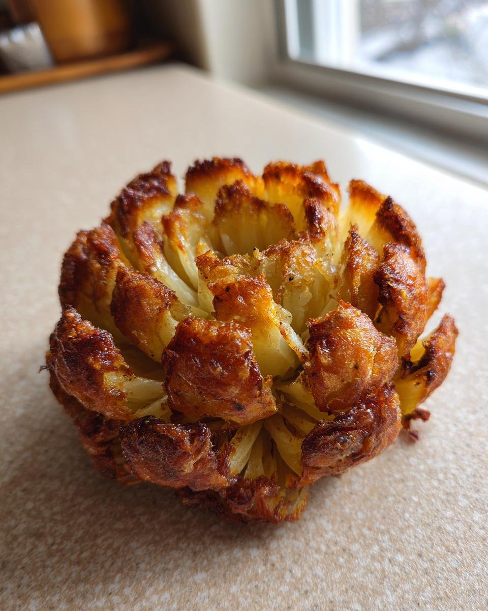 Nahaufnahme einer goldbraunen, blühenden Zwiebel aus der Heißluftfritteuse.