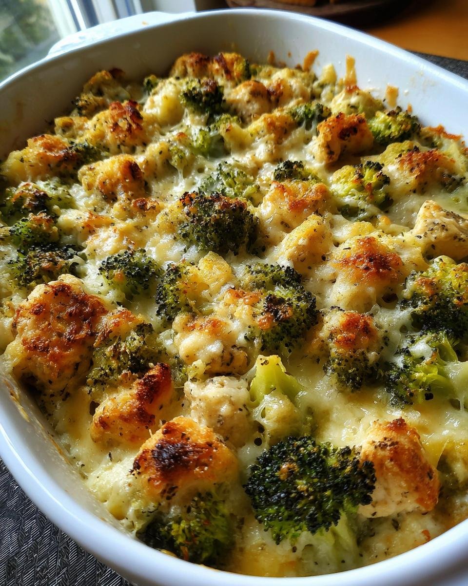 Close-up of Brokkoli Auflauf mit 300 g Hähnchenbrust, baked in a white dish with melted cheese.