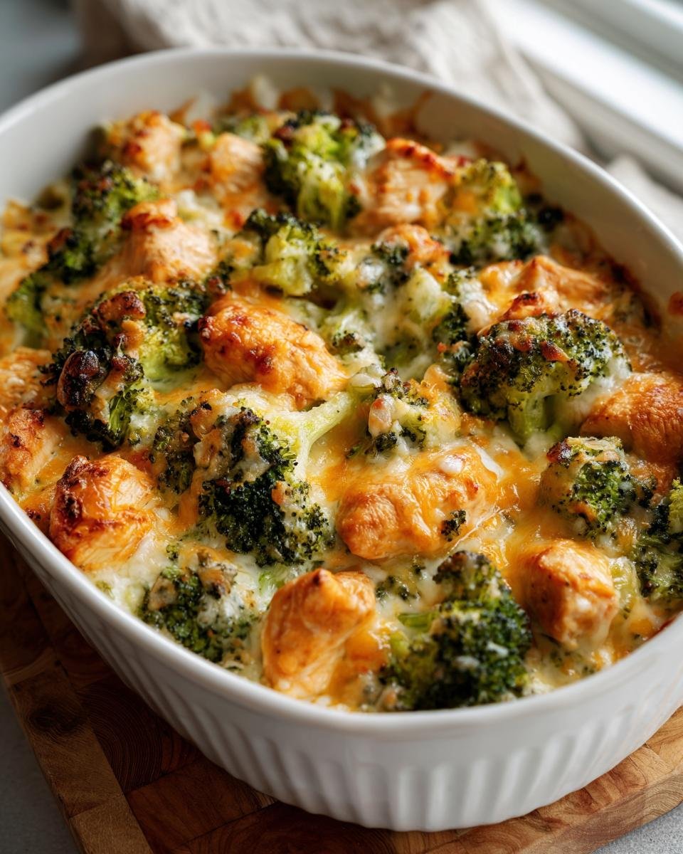 Brokkoli Auflauf mit 300 g Hähnchenbrust, gebacken in einer weißen Auflaufform. Käse überbacken.