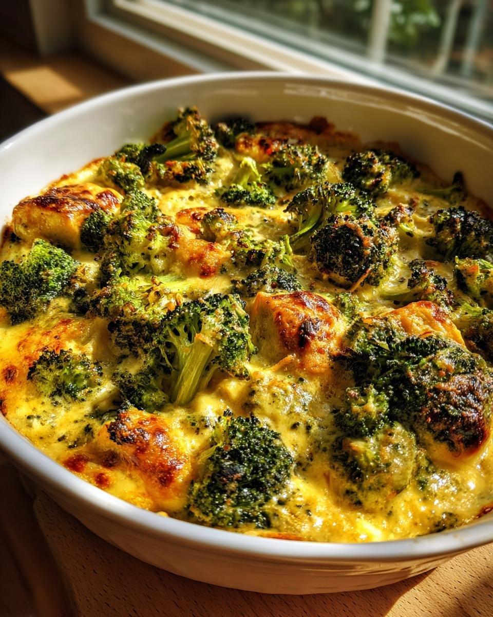 Close-up of Brokkoli Auflauf mit 300 g Hähnchenbrust in a white baking dish, golden and bubbly.