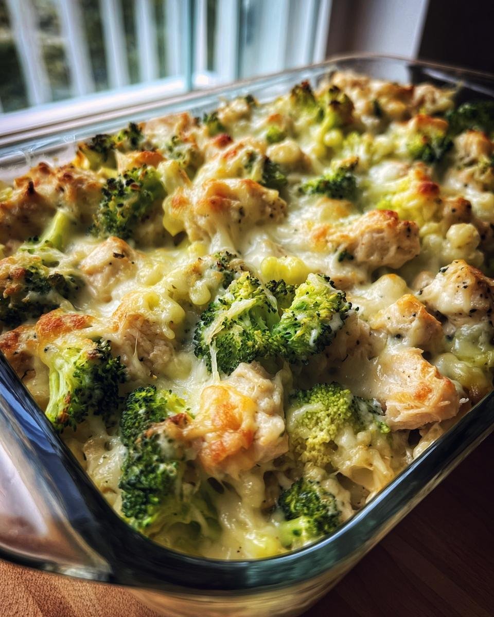 Close-up of Brokkoli Auflauf mit 300 g Hähnchenbrust in a glass baking dish, topped with melted cheese.