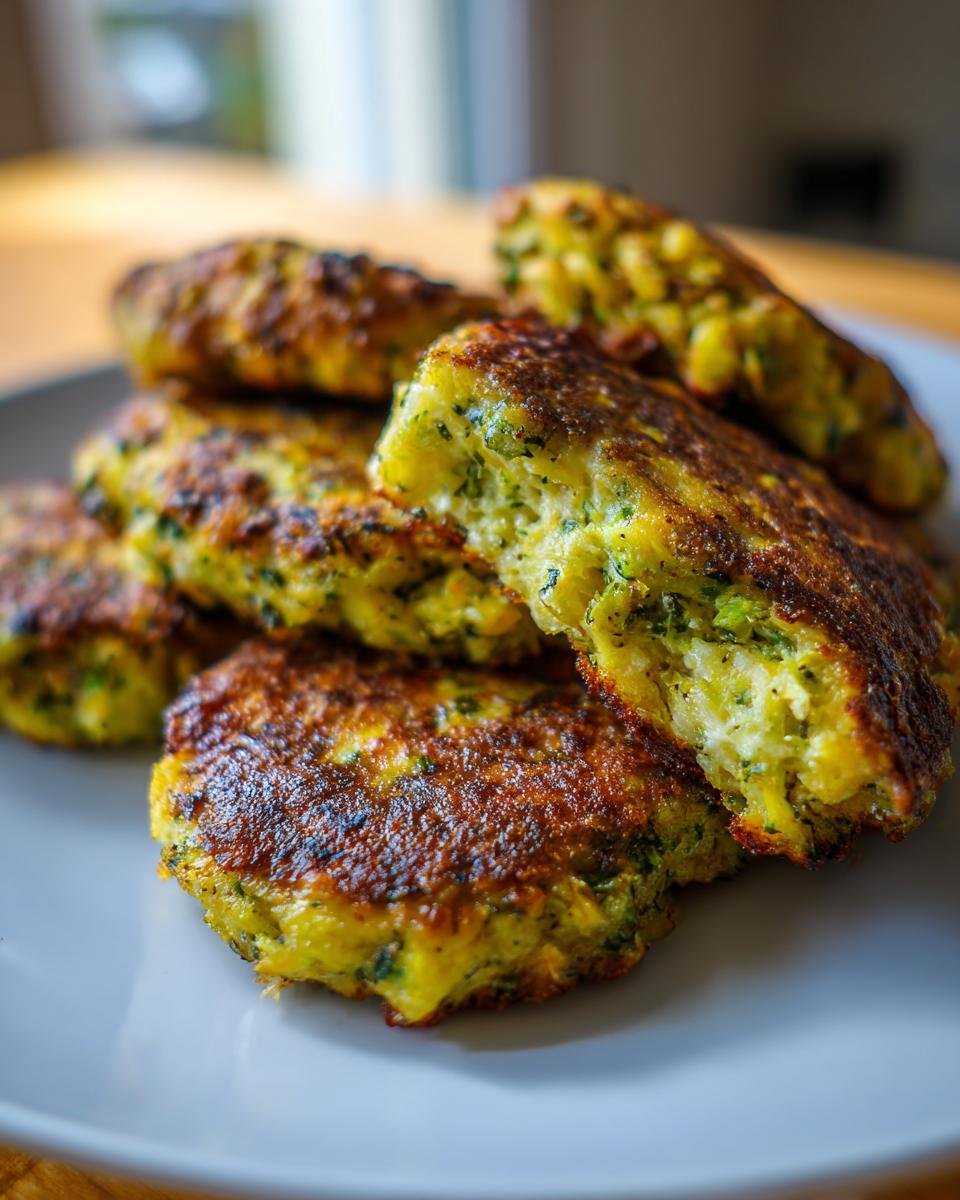 Close-up of golden-brown Brokkoli Käsetaler (broccoli cheese patties) stacked on a plate.