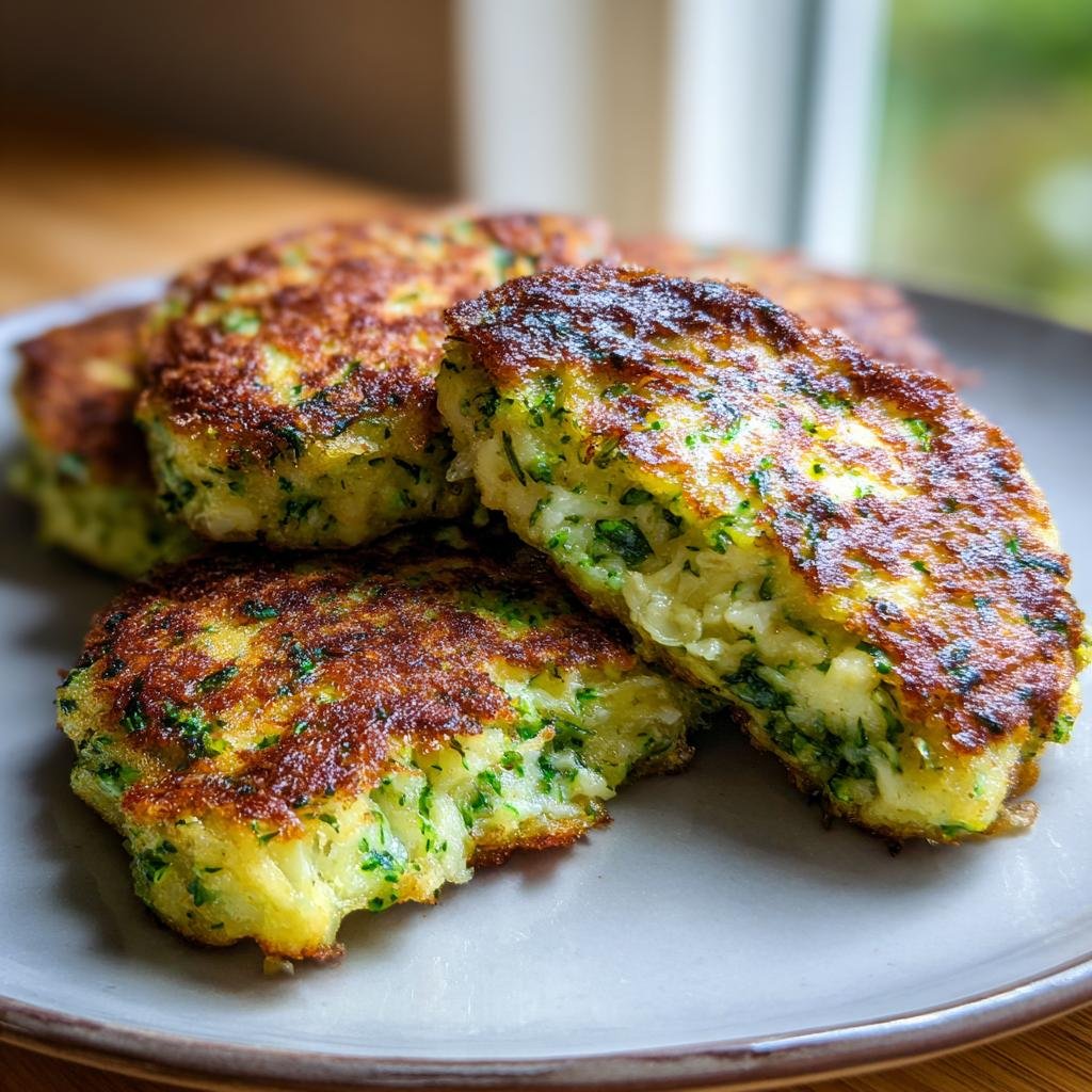 Close-up of golden-brown Brokkoli Käsetaler (broccoli cheese patties) stacked on a plate.