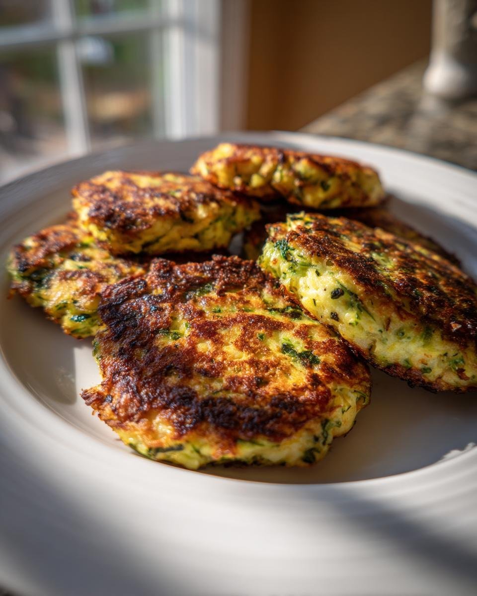 A plate of golden-brown Brokkoli Käsetaler (cheese broccoli patties), freshly cooked and ready to serve.