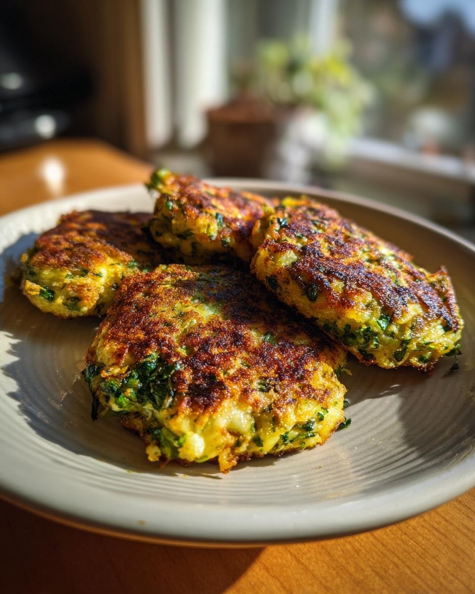 Four Brokkoli Käsetaler (broccoli cheese fritters) arranged on a plate, showcasing their golden-brown texture.
