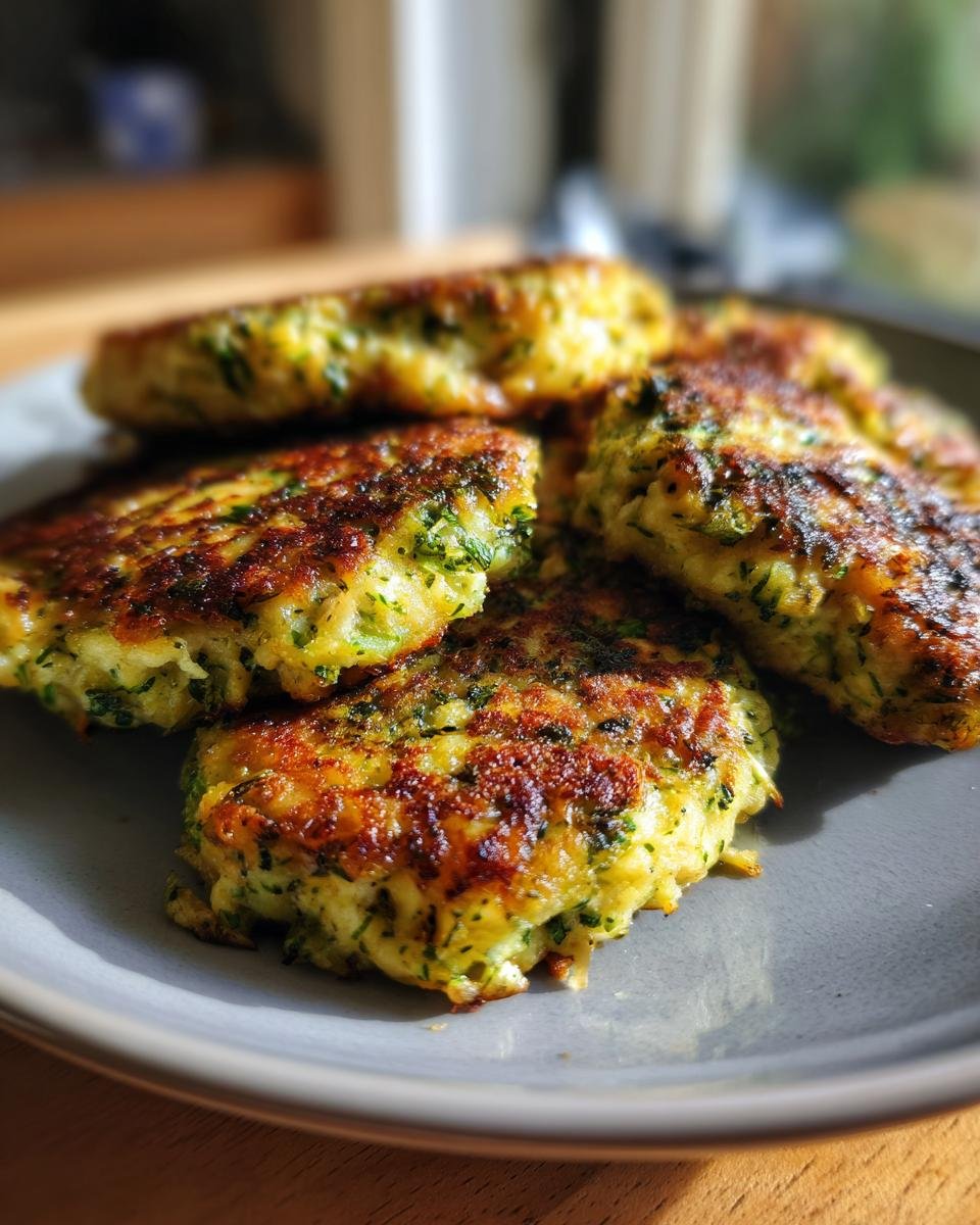 A stack of golden-brown Brokkoli Käsetaler (broccoli cheese fritters) on a gray plate, ready to eat.