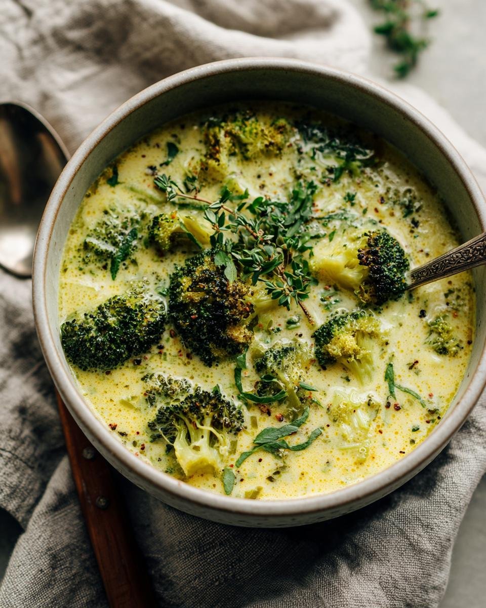 Bowl of creamy Brokkoli Kartoffel Suppe with fresh herbs and a spoon, ready to eat.