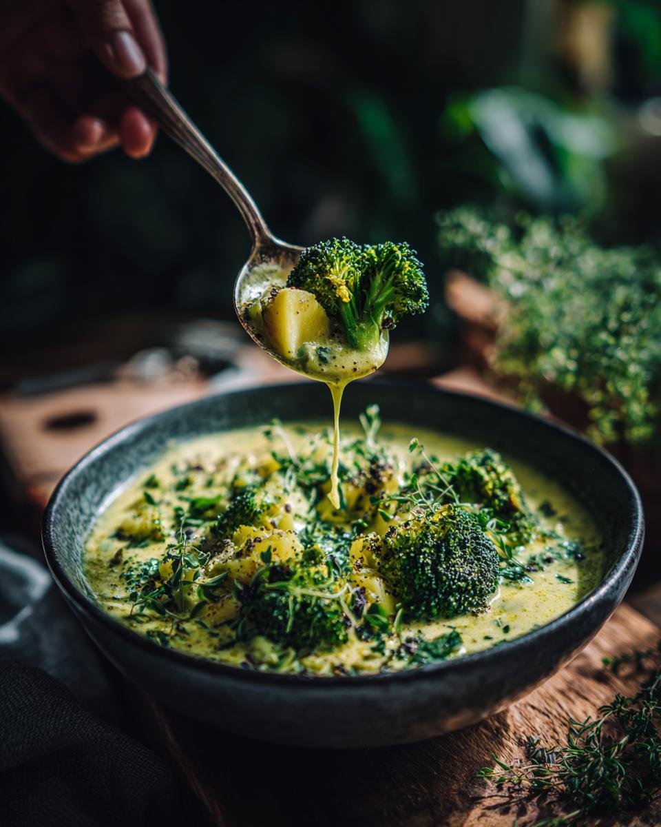 Spoonful of Brokkoli Kartoffel Suppe with broccoli and potato being lifted over a bowl of soup.