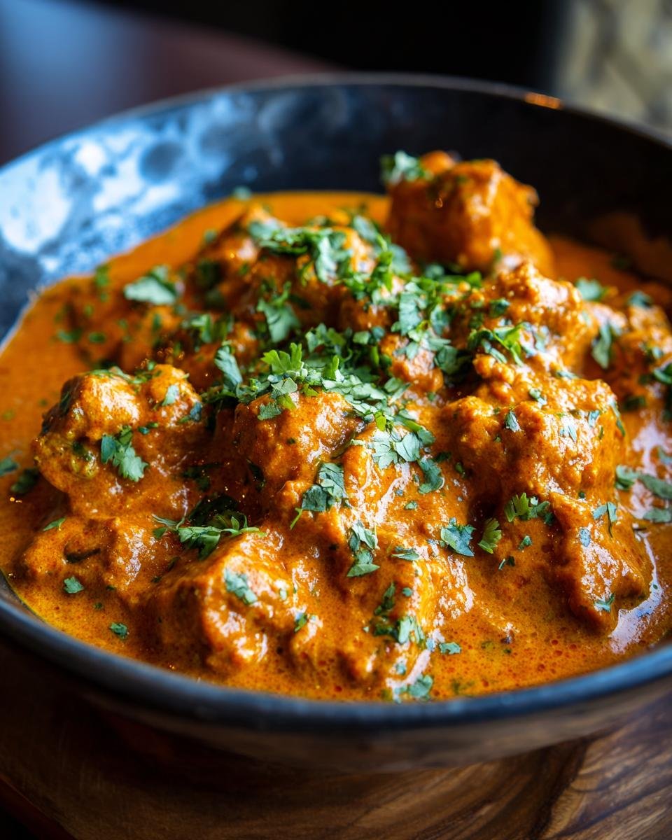 Close-up of Butter Chicken zum Lieblingsessen in a bowl, garnished with fresh cilantro.