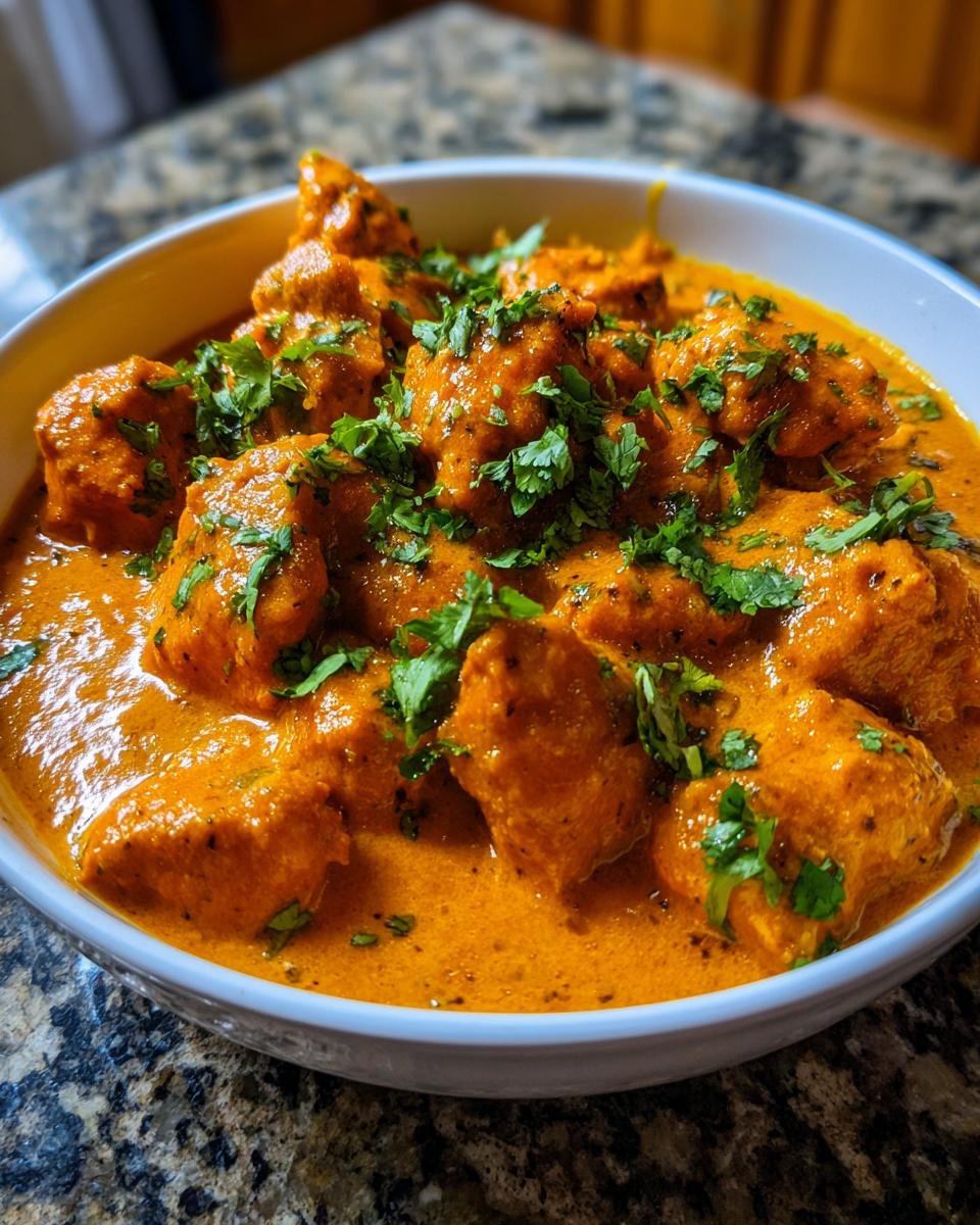 Close-up of creamy Butter Chicken zum Lieblingsessen in a white bowl, garnished with fresh cilantro.
