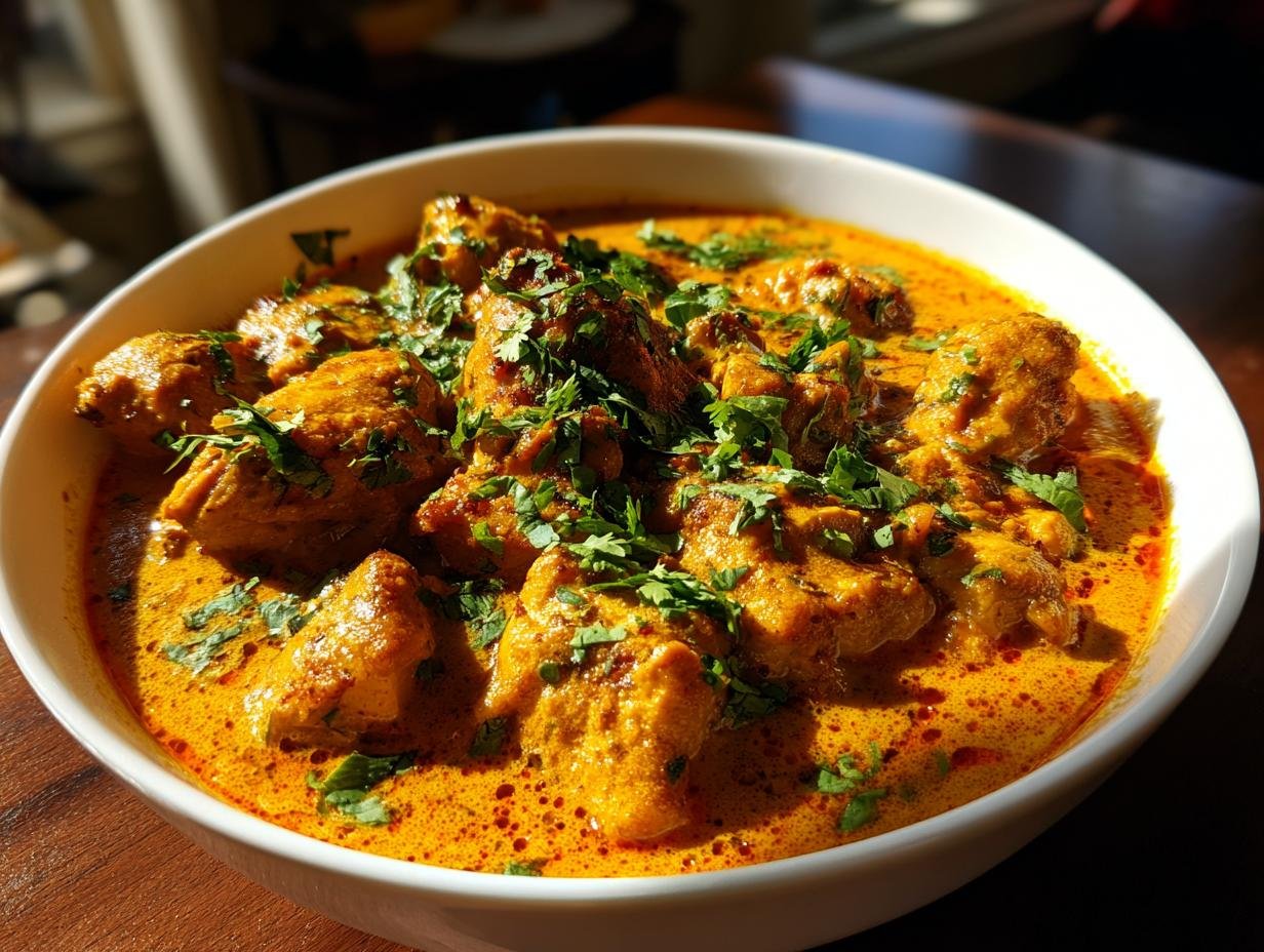 Nahaufnahme von Butter Chicken zum Lieblingsessen, serviert in einer weißen Schüssel, garniert mit frischen Kräutern.