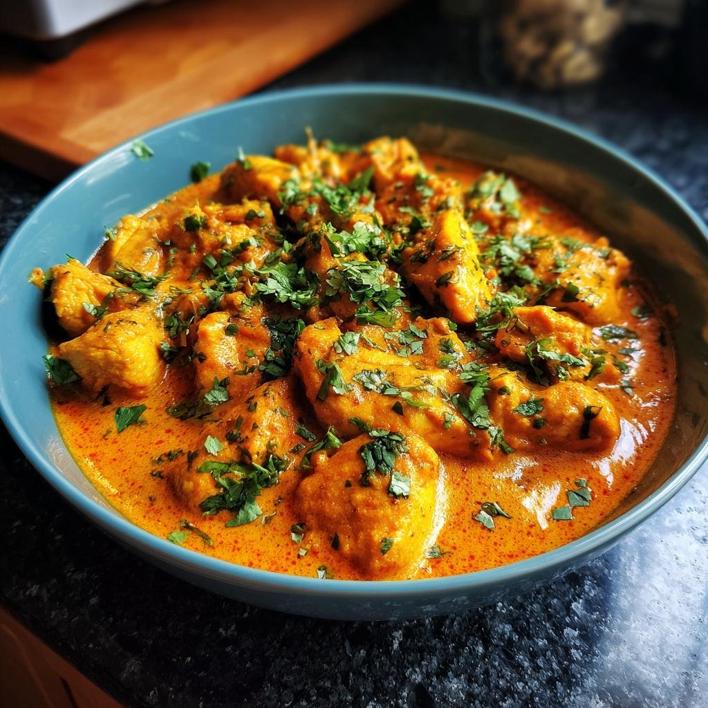 Nahaufnahme von Butter Chicken, garniert mit frischer Petersilie, ein köstliches Gericht.