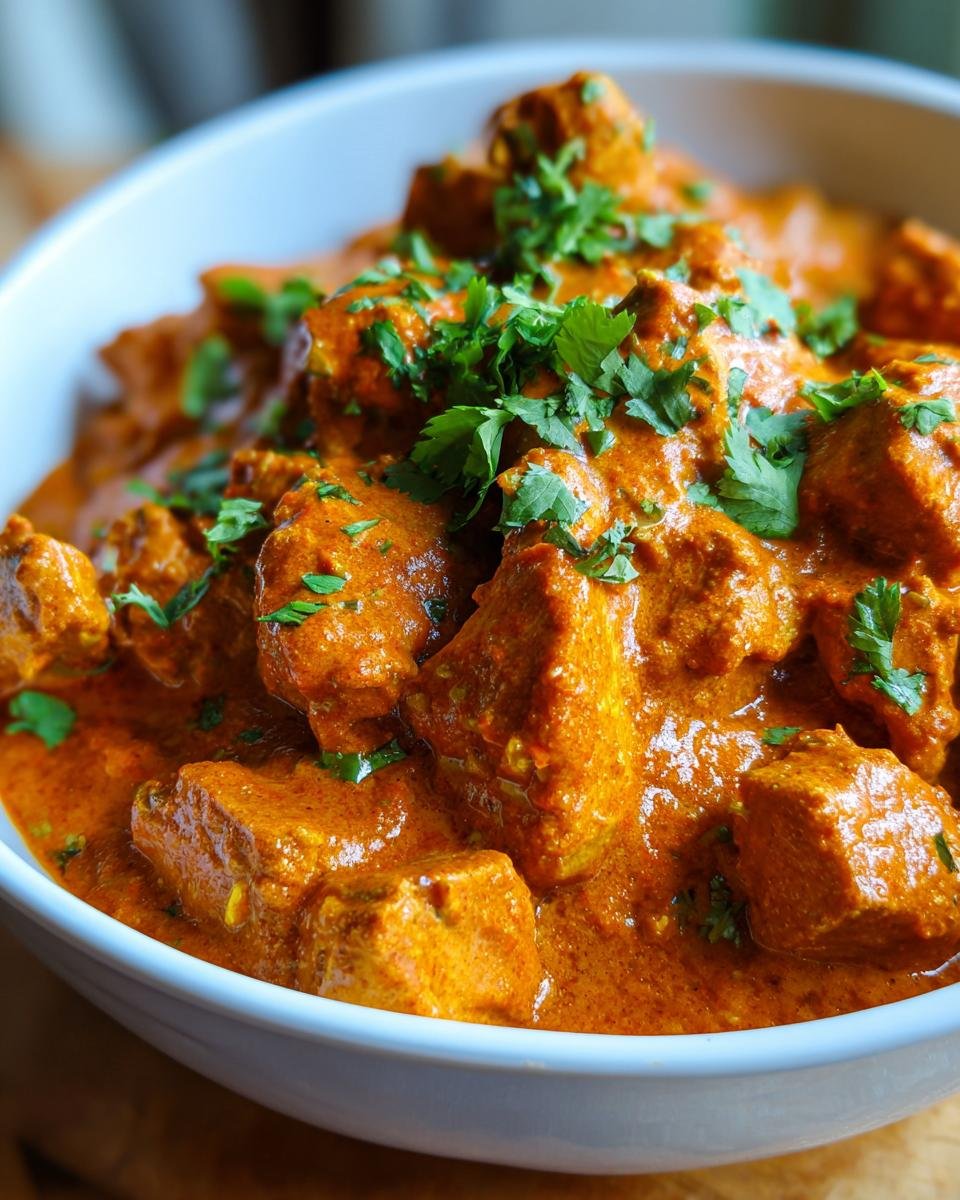 Nahaufnahme von Butter Chicken zum Lieblingsessen, serviert in einer Schüssel und mit frischer Petersilie garniert.