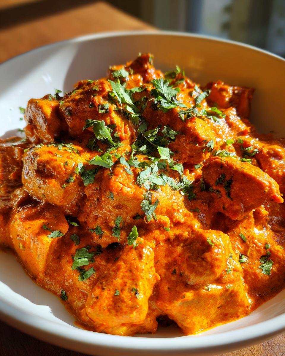 Nahaufnahme von Butter Chicken zum Lieblingsessen, garniert mit frischer Petersilie in einer weißen Schüssel.