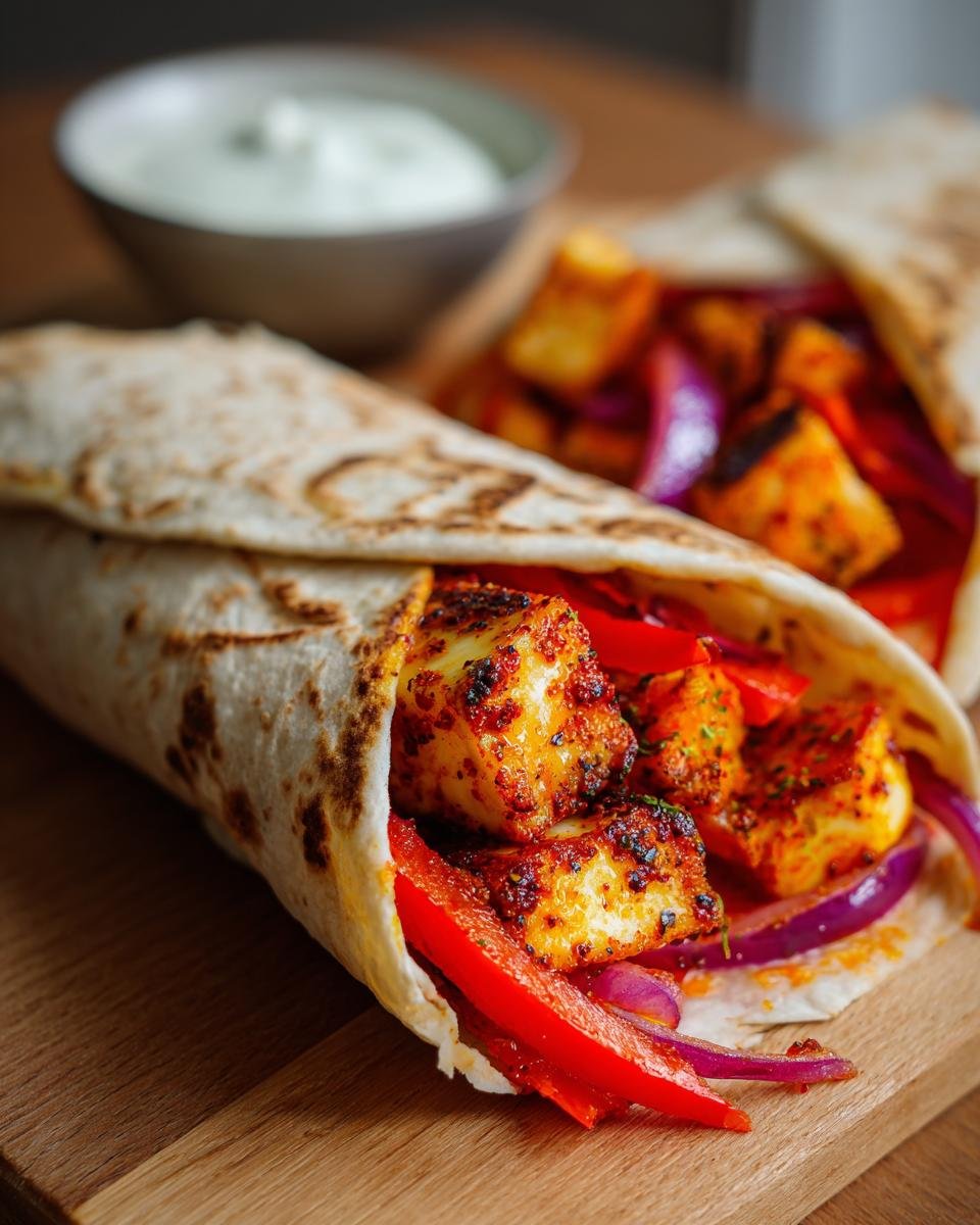 Close-up of a Chili Halloumi Wrap filled with grilled halloumi, red pepper, and red onion.