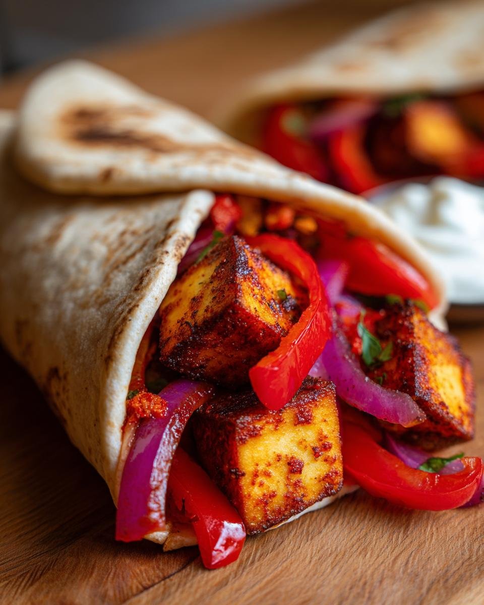 Close-up of Chili Halloumi Wraps filled with halloumi, red pepper, and red onion on a wooden board.
