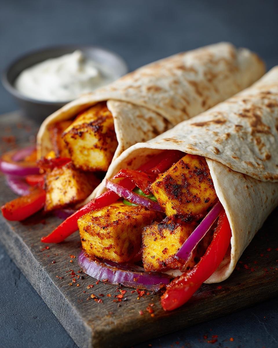 Two Chili Halloumi Wraps filled with peppers and onions, served on a wooden board with dipping sauce.