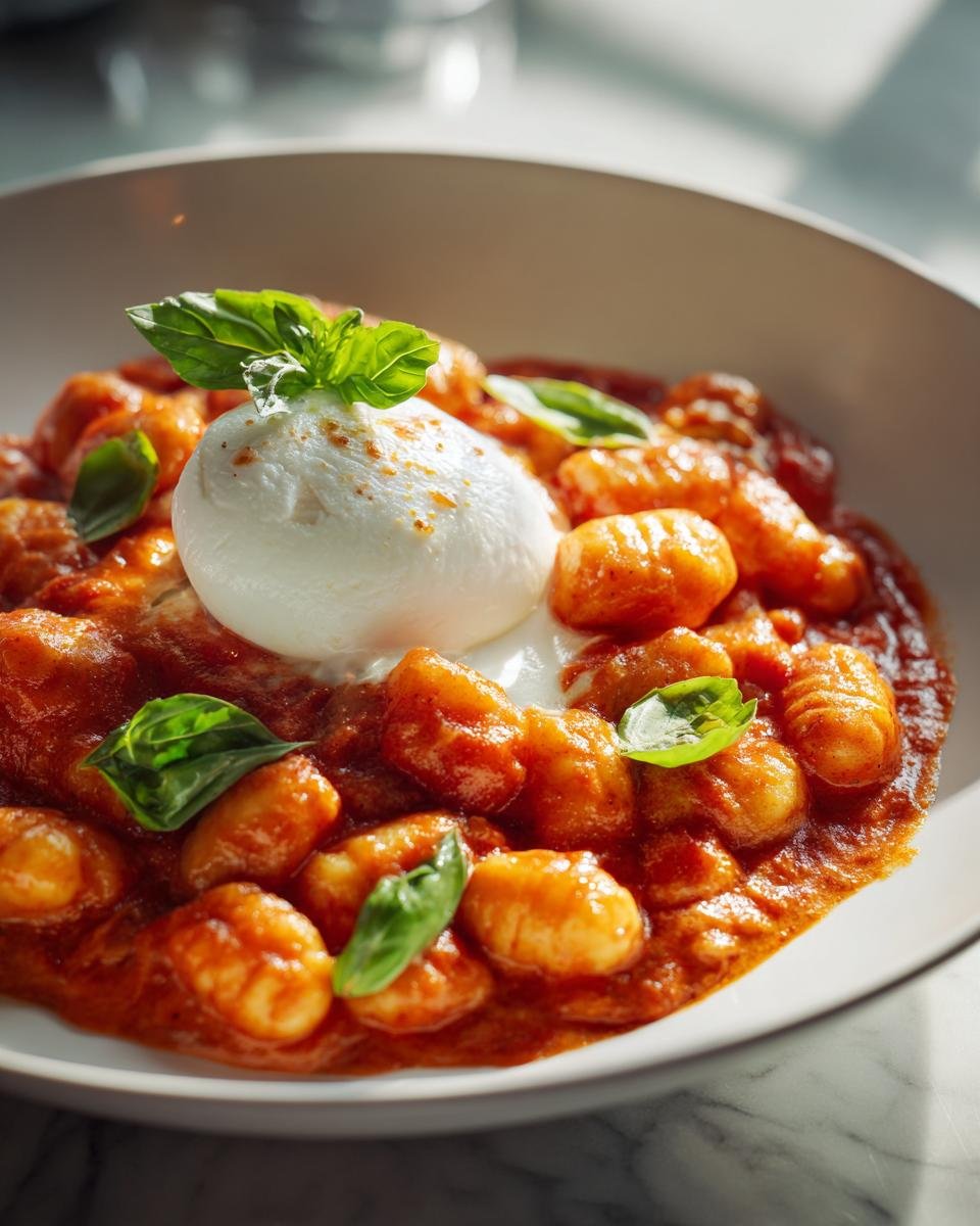 A delicious plate of 30 Minute Creamy Tomato Gnocchi with Burrata, garnished with fresh basil leaves.