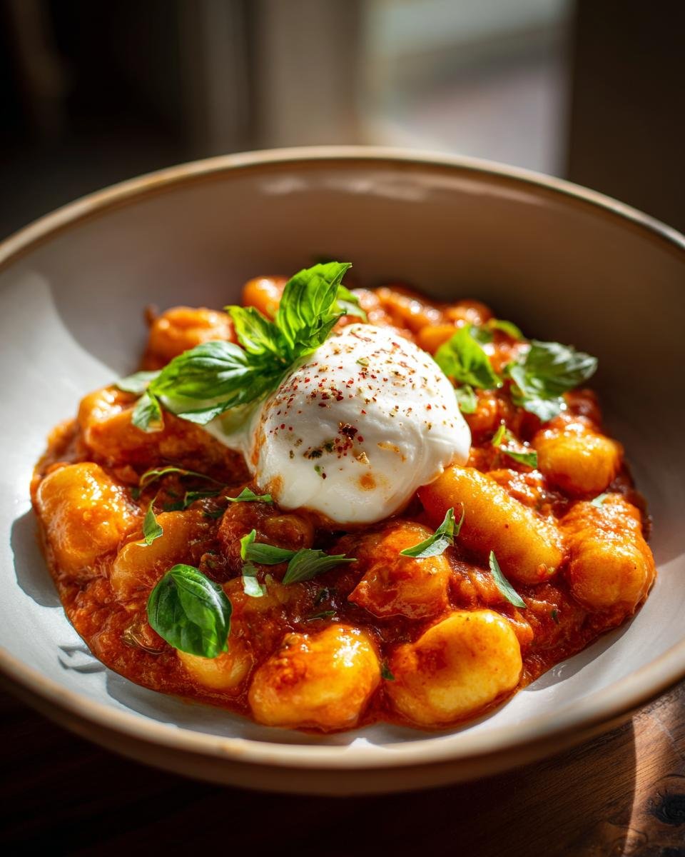 A bowl of 30 Minute Creamy Tomato Gnocchi with Burrata, garnished with basil and spices.