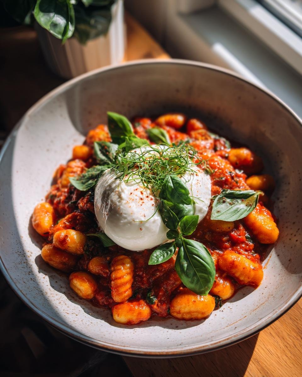 Bowl of 30 Minute Creamy Tomato Gnocchi with Burrata, garnished with basil and microgreens.