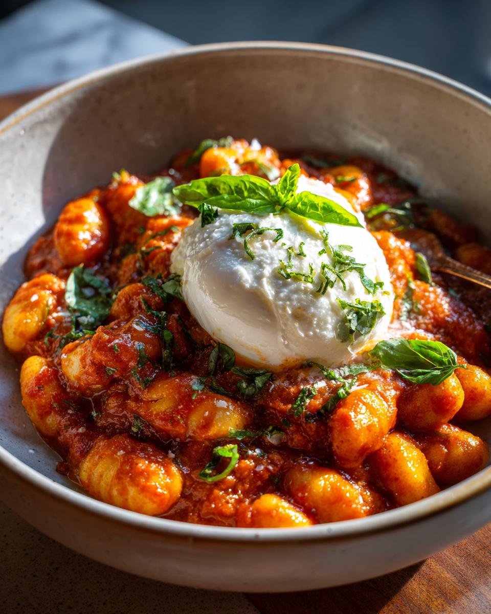 A bowl of 30 Minute Creamy Tomato Gnocchi with Burrata, garnished with basil.