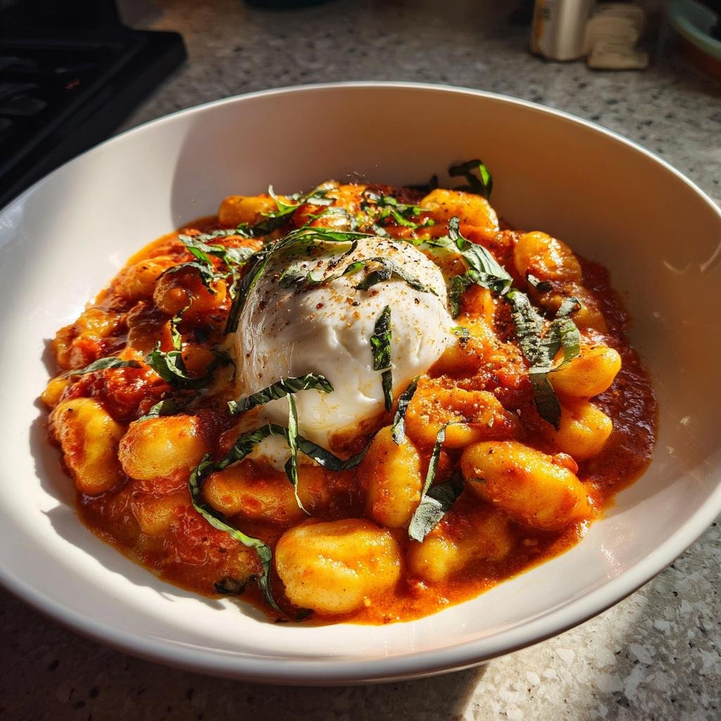 A bowl of 30 Minute Creamy Tomato Gnocchi with Burrata, garnished with basil.