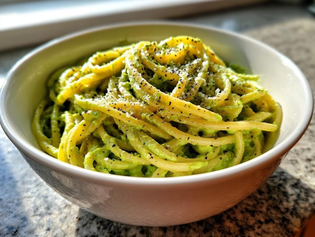 A bowl of Cremige Avocado Pasta, topped with pepper and parmesan, ready to eat.