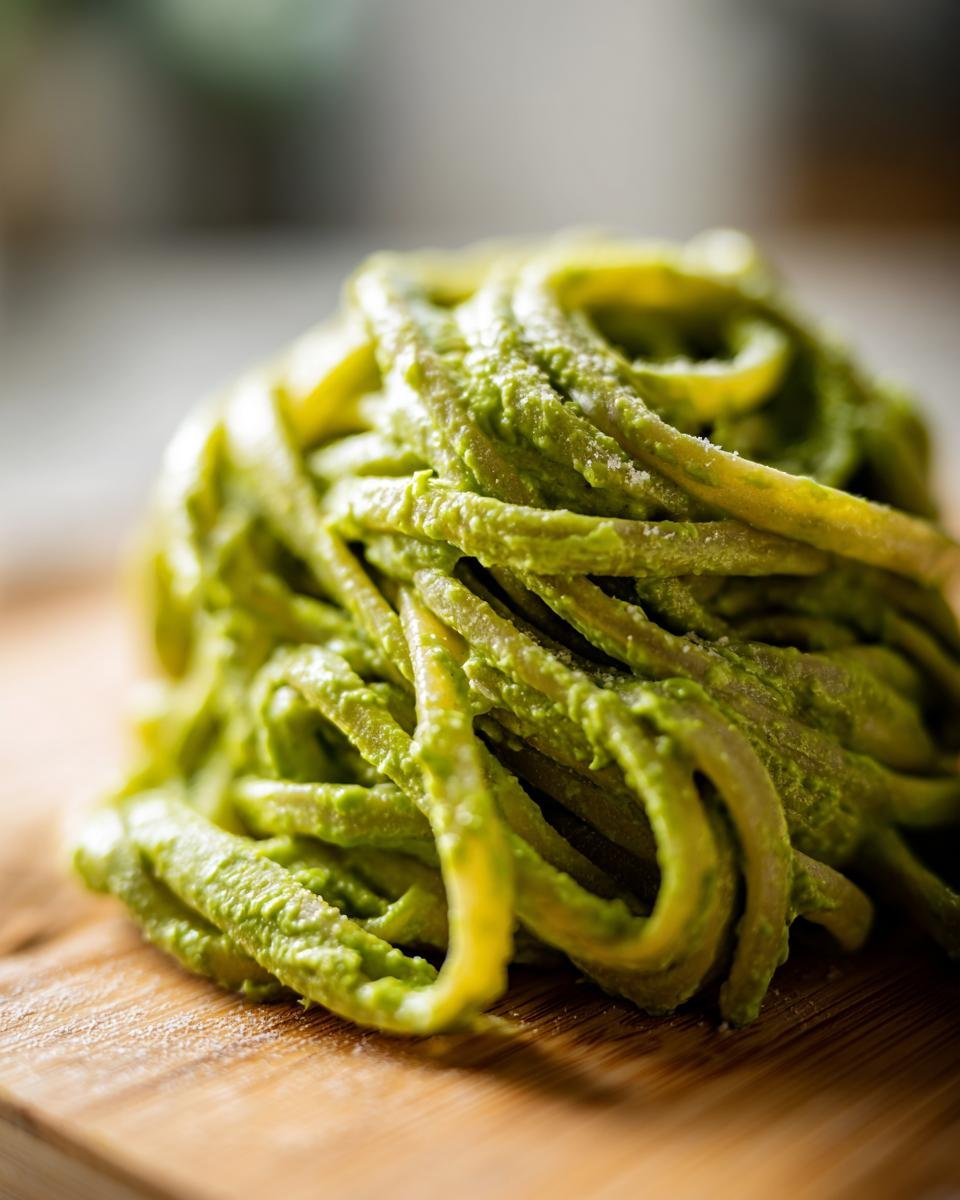 Close-up of Cremige Avocado Pasta on a wooden board, showing the creamy green sauce.