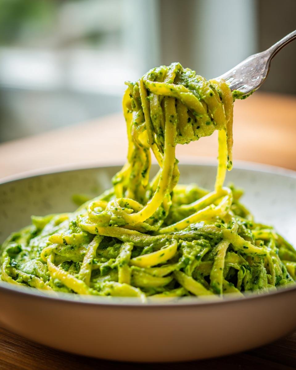 A fork lifts a portion of Cremige Avocado Pasta from a bowl, showing the creamy green sauce coating the noodles.