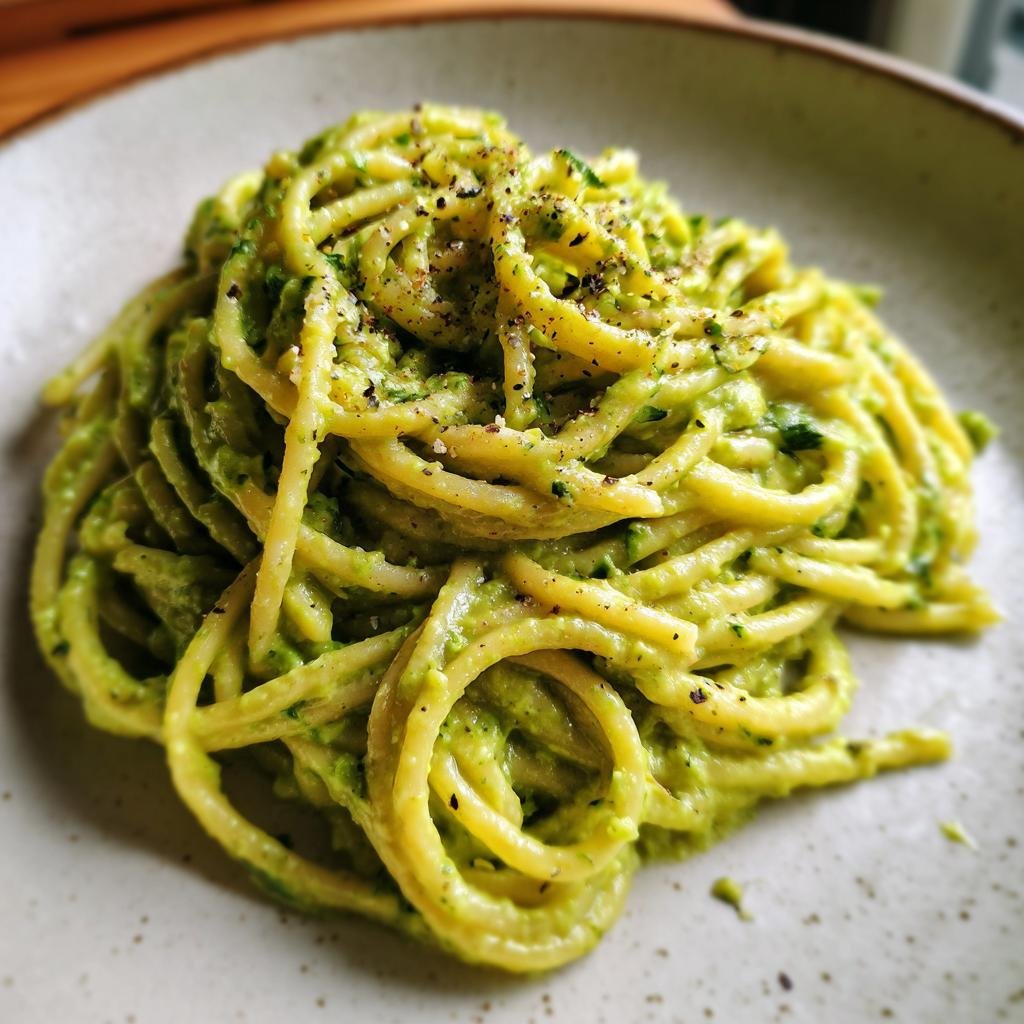 A plate of Cremige Avocado Pasta, topped with fresh herbs and pepper.