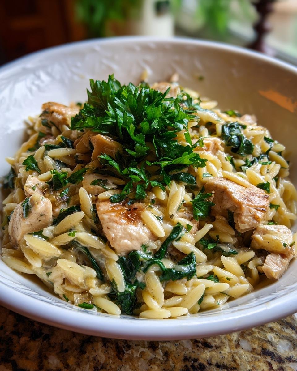 Close-up of Cremige Orzo-Pfanne mit Hähnchen, garnished with fresh parsley in a white bowl.