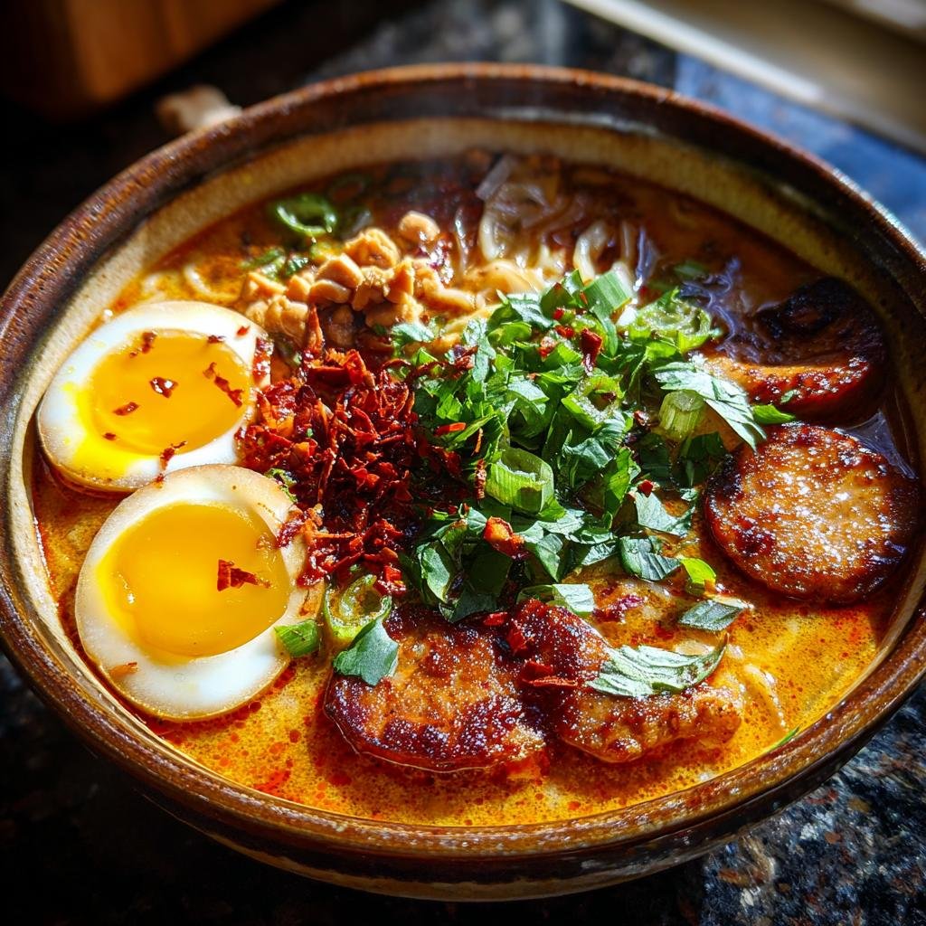 Bowl of Cremige Ramen mit Erdnuss & Kokos, topped with eggs, herbs, and chili flakes.
