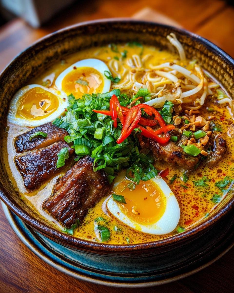 Bowl of Cremige Ramen mit Erdnuss & Kokos, featuring noodles, egg, pork, sprouts, and chili.
