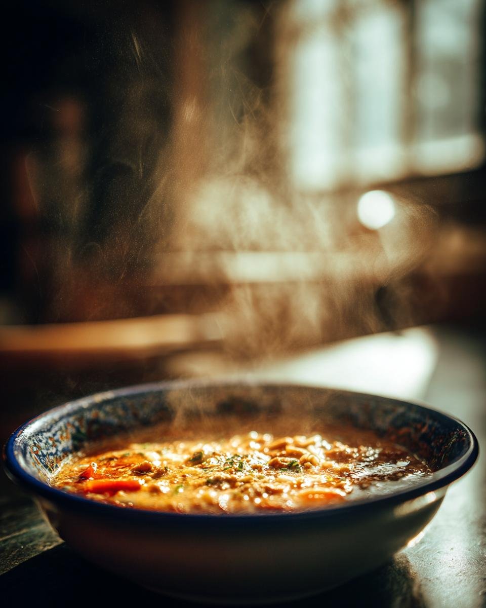 A bowl of steaming Cremige Ramen mit Erdnuss & Kokos, garnished with herbs, ready to eat.