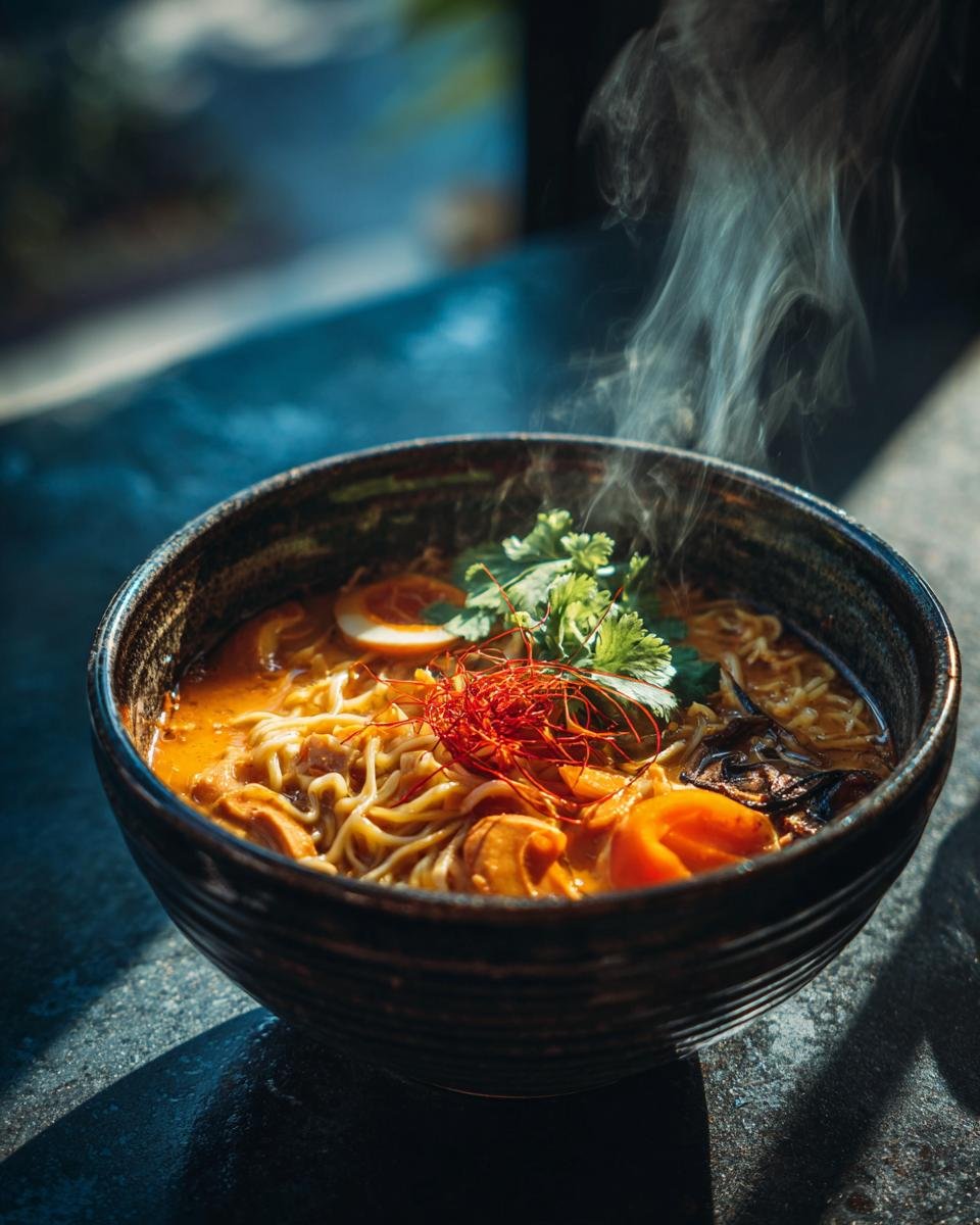 Bowl of Cremige Ramen mit Erdnuss & Kokos, garnished with herbs, egg, and chili threads.