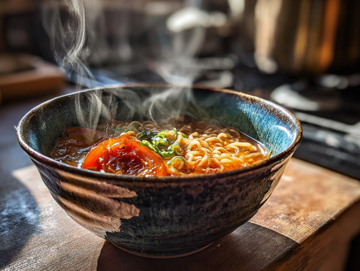 Steaming bowl of Cremige Ramen mit Erdnuss & Kokos, garnished with green onions and tomato.