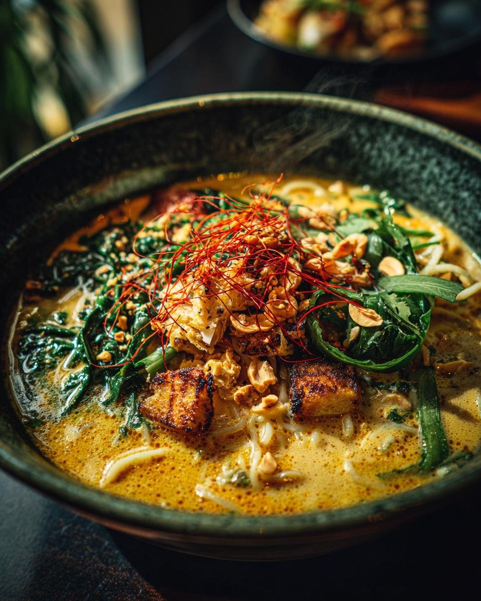 Close-up of Cremige Ramen mit Erdnuss & Kokos in a dark bowl with noodles, tofu, spinach, and peanut toppings.