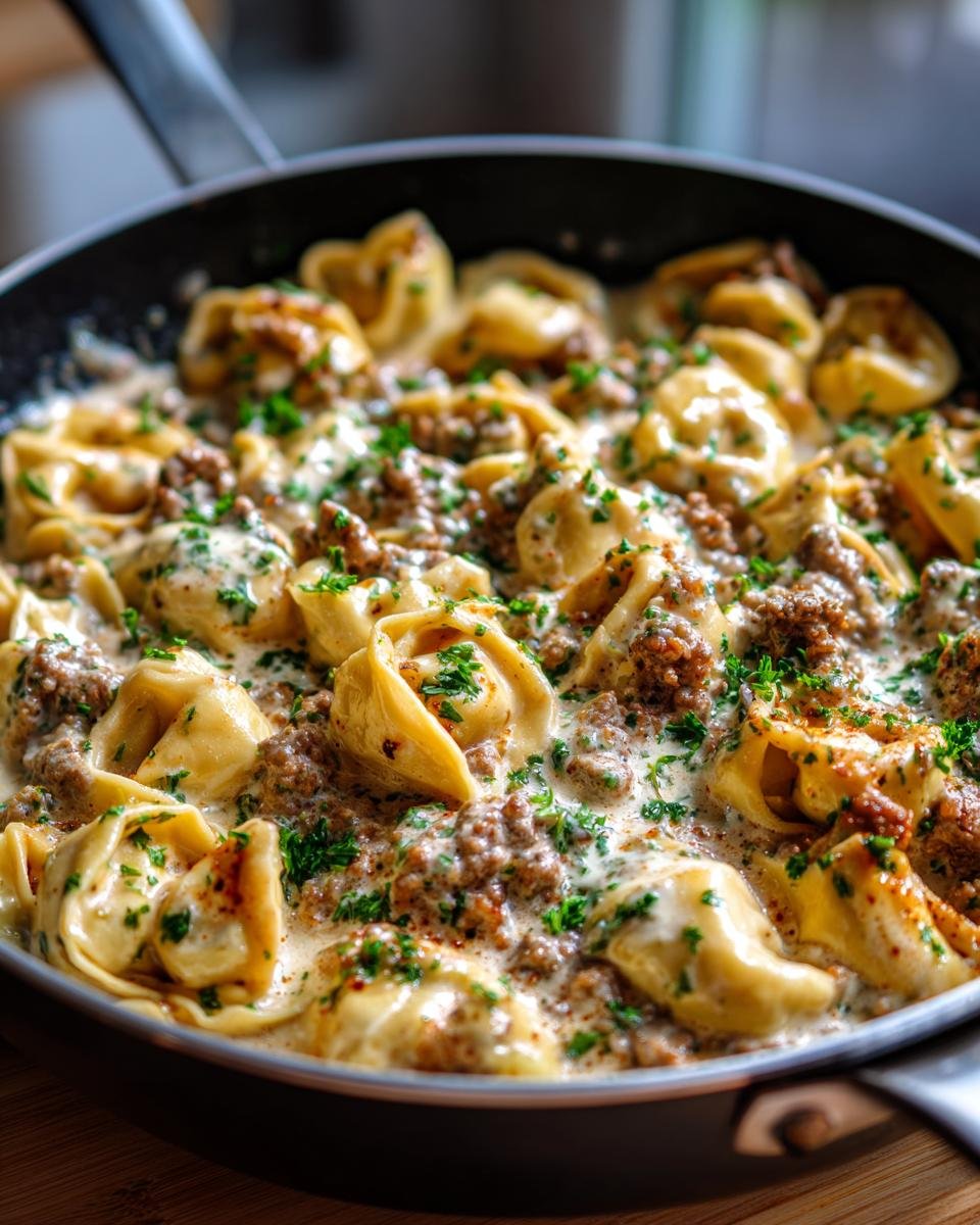 Close-up of Cremige Tortellini-Pfanne mit würzigem Hack in a pan, garnished with parsley.